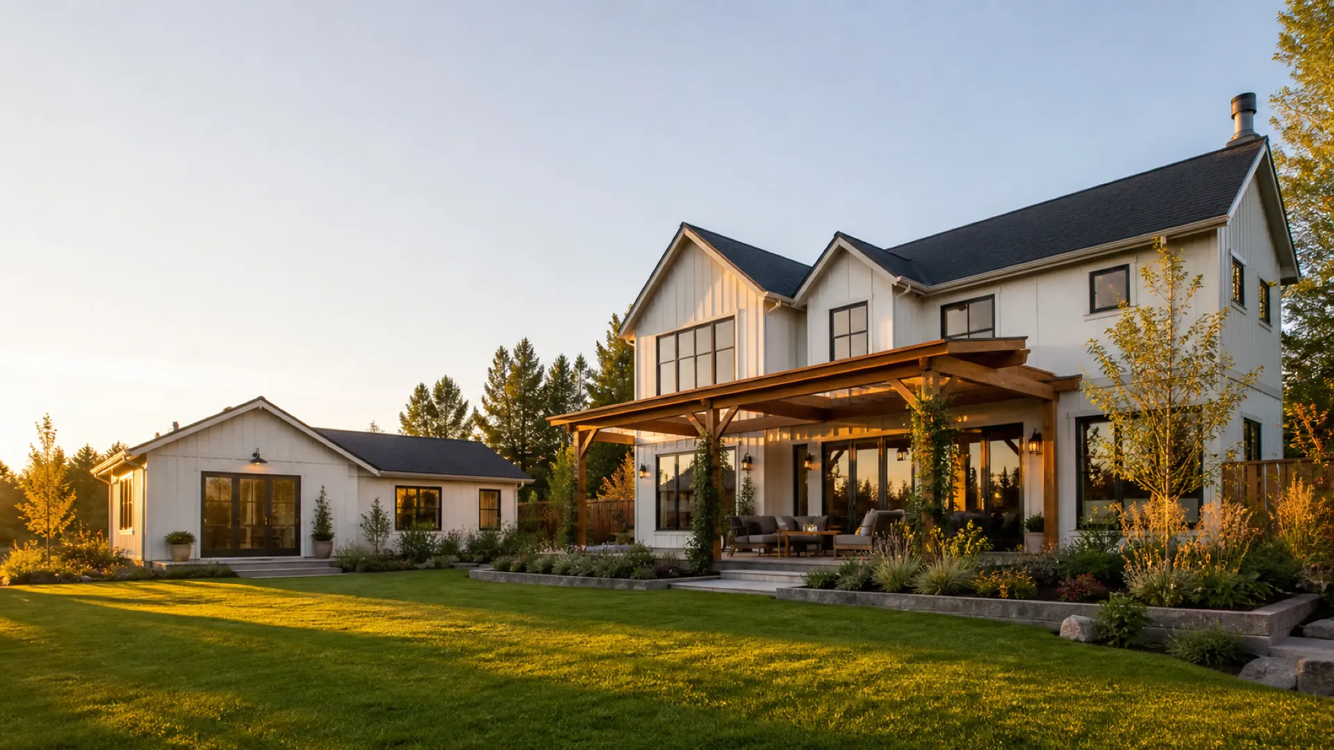 Custom Oregon home and detached living space at sunset